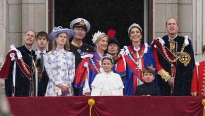 Prince Edward , Lady Louise Windsor, Sophie Duchess of Edinburgh, Tim Lawrence , Princess Charlotte, Kate Middleton, Princess of Wales, Prince Louis, Prince William of Wales on the balcony during King Charles III coronation ceremony in London, Britain May 6, 2023.