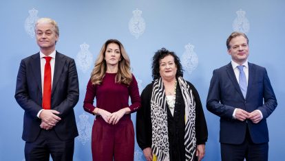 (Desde la izquierda) Geert Wilders (PVV), Dilan Yesilgoz (VVD), Caroline van der Plas (BBB) y Pieter Omtzigt (NSC)