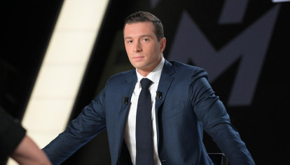 French far-right Rassemblement National (RN) political party President and lead MEP Jordan Bardella looks on during the TV show