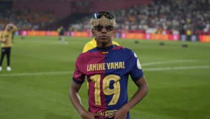 Lamine Yamal, durante los festejos de la Copa del Rey