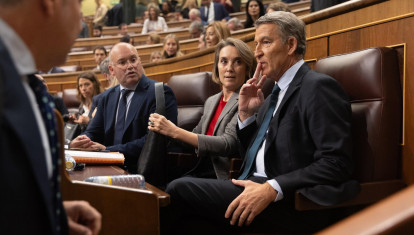 Miguel Tellado; la secretaria general del PP, Cuca Gamarra, y el presidente del Partido Popular, Alberto Núñez Feijóo, durante una sesión plenaria en el Congreso