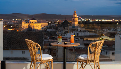 La catedral vista desde El Mirador de Córdoba al anochecer.