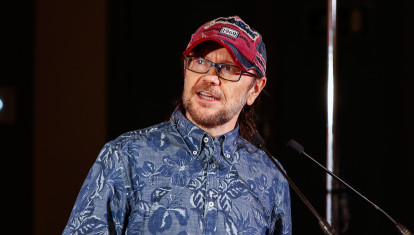 Santiago Segura, film director gestures during the presentation of the book