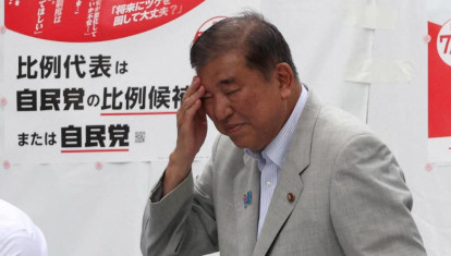 Japanese Prime Minister Shigeru Ishiba attends a speech in support of candidates in the House of Councillors election in Osaka City, Osaka Prefecture, Japan, on July 16, 2025. ( The Yomiuri Shimbun ) (Photo by Takanobu Sawano / The Yomiuri Shimbun via AFP)