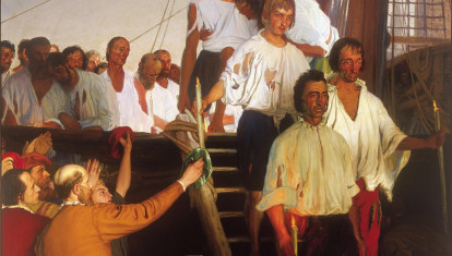 Cuadro El regreso a Sevilla de Juan Sebastián de Elcano tras la primera circunnavegación del mundo (8 de septiembre de 1522) por Elías Salaverría en 1919