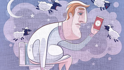 digital painting / raster illustration of sleepless man sitting on toilet and looking at smartphone