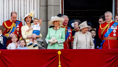 Queen Elizabeth II with Prince Charles and Camilla , Prince Andrew , Princess Anne , Prince Harry and Meghan Markle , Prince William and Kate Middleton with sons George , Louis and Charlotte attending Trooping The Colour in London. *** Local Caption *** .