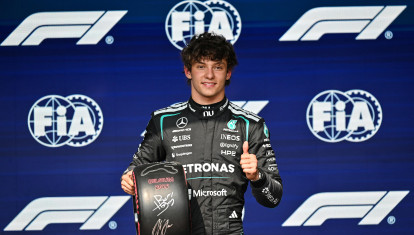 Mercedes' Italian driver Kimi Antonelli reacts after winning the pole position during the qualifying session at the Spa-Francorchamps circuit, in Spa, ahead of the Formula One Belgian Grand Prix, on July 18, 2026. (Photo by Andrej ISAKOVIC / AFP)