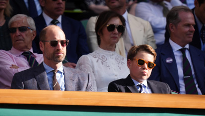 William, Prince of Wales, Prince George of Wales and Stefan Edberg sitting in the stands wearing sunglasses during celebrities at Wimbledon 2026 in London, UK, on Sunday, 12 July 2026.