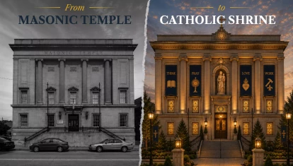 A la izquierda, imagen del templo masónico; a la derecha, el proyecto de renovación del edificio.