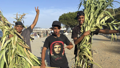 nmigrantes de Marruecos con ramas para construirse una choza en la playa del trampolín este lunes en Ceuta