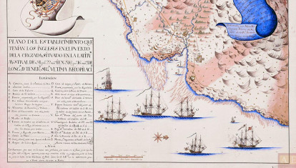 Dibujo de la expedición española de Juan Ignacio de Madariaga sobre Puerto Egmont en 1770. Realizado por Alejo Berlinguero