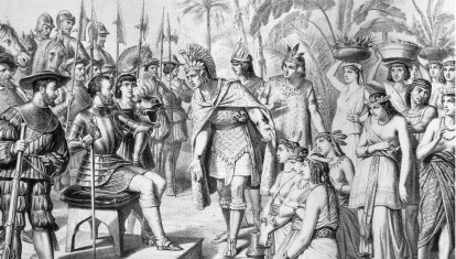 Representación idealizada de Hernán Cortés recibiendo presentes de los mayas de Tabasco en 1519, cuando Jerónimo de Aguilar ya formaba parte de su expedición como intérprete