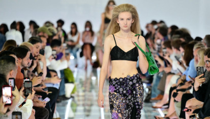 A model walks the runway during the Prada collection show as part of Women's Spring/Summer 2027 Milan's fashion week, on September 22, 2026. (Photo by Stefano RELLANDINI / AFP)