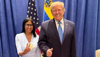 This handout picture released by the Venezuelan Presidency press office shows Venezuela's interim President Delcy Rodriguez and U.S. President Donald Trump posing for a picture during a meeting in New York on September 22, 2026. Venezuela's interim president, Delcy Rodriguez, described her meeting with U.S. President Donald Trump in New York on September 22 as