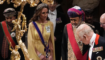 Mandatory Credit: Photo by Jordan Pettitt/WPA Pool/Shutterstock (17227007b)
The Sultan of Oman, Sultan Haitham bin Tarik al Said (centre) with King Charles III (right) and Britain's Catherine Princess of Wales (centre left) during the state banquet for the Sultan of Oman, Sultan Haitham bin Tarik al Said at Windsor Castle, Berkshire, on day one of his state visit to the UK
State Visit by the Sultan of Oman, Haitham bin Tarik to the UK, Windsor, UK - 20 Oct 2026 *** Local Caption *** .