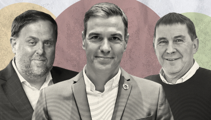 Ilustración: Pedro Sánchez flaqueado por Arnaldo Otegi y Oriol Junqueras