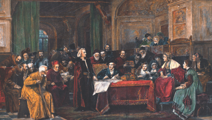 Colón en la corte de Fernando el Católico. Xilografía según un óleo de Wenzel Von Brozik. Siglo XIX