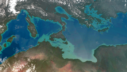 El mar Mediterráneo en la época de la última glaciación , a la vez una imagen de cómo sería desde el espacio tras la realización de Atlantropa