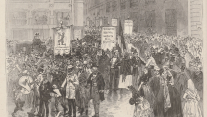 Manifestación en Madrid a favor de la abolición de la esclavitud el 12 de enero de 1873. Dibujo de Vierge a partir de un croquis de Urrabieta publicado en Le Monde Illustré