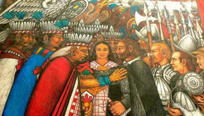Negociaciones entre españoles y tlaxcaltecas, mural de Desiderio Hernández.