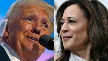 (COMBO) This combination of pictures created on July 22, 2024 shows former US President and 2024 Republican presidential candidate Donald Trump accepting his party's nomination on the last day of the 2024 Republican National Convention at the Fiserv Forum in Milwaukee, Wisconsin, on July 18, 2024 and US Vice President Kamala Harris attending an event honoring National Collegiate Athletic Association (NCAA) championship teams from the 2023-2024 season, on the South Lawn of the White House in Washington, DC on July 22, 2024. Democrats rapidly coalesced around Vice President Kamala Harris on July 22, 2024 as she raced to secure the party's nomination to take on Donald Trump in November in the wake of President Joe Biden's sensational exit. (Photo by Nick Oxford and Brendan SMIALOWSKI / AFP)