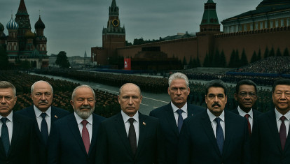 Fotomontaje de algunos de los líderes mundiales que acompaña al presidente de Rusia, Vladimir Putin, en el Día de la Victoria