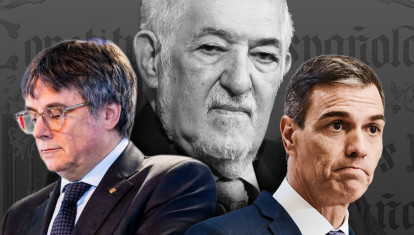 Carles Puigdemont (izquierda), Cándido Conde-Pumpido (centro), Pedro Sánchez (derecha), en un diseño de El Debate