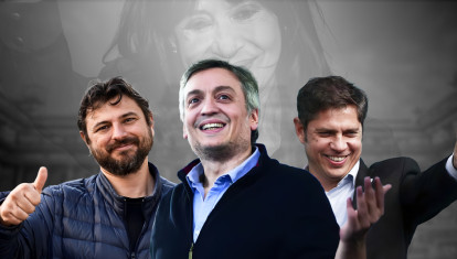 Juan Grabois, Máximo Kirchner y Axel Kicillof con Cristina Kirchner a sus espaldas