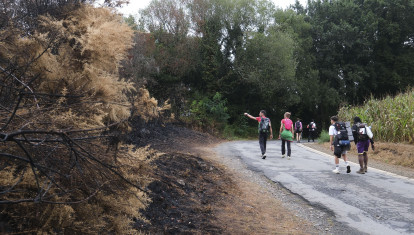 SANTIAGO DE COMPOSTELA, 29/08/2025.- Varios peregrinos observan parte del monte calcinado a lo largo de su recorrido. A la dificultad habitual del Camino a Santiago se sumaron en los últimos días el fuego de los incendios y el humo; para unos, rozó el misticismo, y llegaron a la meta; otros cambiaron sus planes. EFE/Xurxo Martínez