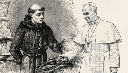 Ilustración del hermano Lorenzo entre fogones y el Papa León XIV