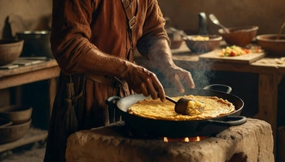 Ilustración creada con ayuda de IA de un hombre cocinando tortilla de patatas