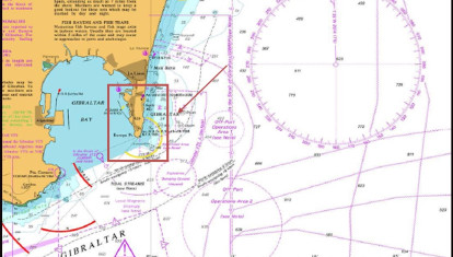 Mapa publicado por el Puerto de Gibraltar con la zona de la maniobra militar de la Royal Navy
