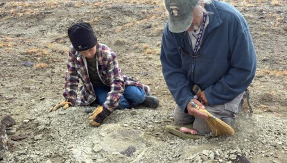 Touren Pope, de once años, colabora en la excavación junto a JP Cavigelli, especialista en colecciones del Museo Geológico Tate del Casper College de Wyoming