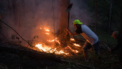 Varias personas intentan sofocar el fuego en el incendio forestal en el monte Galleiro, a 6 de abril de 2026, en Ribadetea, Ponteareas, Pontevedra, Galicia (España). El incendio de monte Galleiro comenzó a las 14:47 horas en la parroquia de Ribadetea, en el municipio de Ponteareas. Según la Consellería do Medio Rural, en la zona operan tres aviones, dos helicópteros, quince brigadas, siete motobombas, diez agentes, una pala y un técnico.

Elena Fernández / Europa Press
06/4/2026