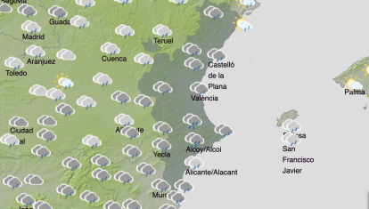 Mapa con la previsión de lluvias el viernes 1 de mayo en la Comunidad Valenciana.