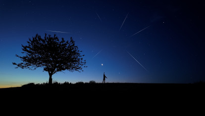 Silueta de un hombre y campo bajo las estrellas y la luz de la luna