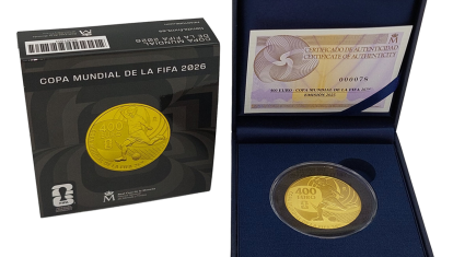 Estuche con monedas conmemorativas de la celebración del Mundial 2026 acuñadas en 2025