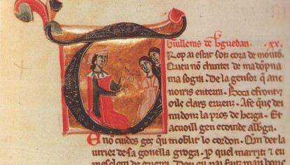 Imagen de un libro del trovador Guillem de Berguedam con dos damas