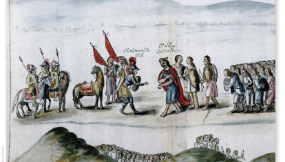Lámina de la 'Crónica de Michoacán' que ilustra el encuentro pacífico entre el capitán español Cristóbal de Olid y el rey purépecha Caltzontzin en 1522.