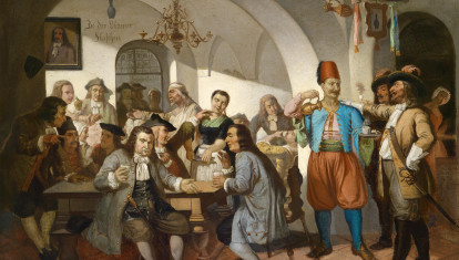 Esta pintura ilustra la legendaria fundación de The Blue Bottle Coffee House (Zu den blauen Flaschen o La Botella Azul), considerada una de las primeras cafeterías de Viena