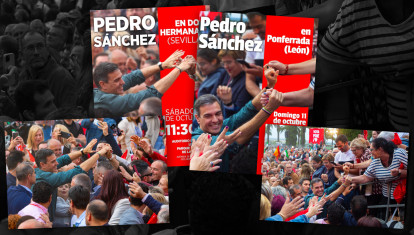 Los carteles del PSOE y las fotos originales, de un mitin en Badajoz el 23 de mayo de 2023
