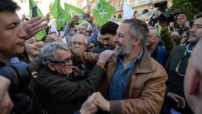 El presidente de Vox, Santiago Abascal, durante un acto en la Plaza de María Pita, en La Coruña