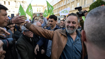 El presidente de Vox, Santiago Abascal, durante un acto en la Plaza de María Pita