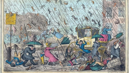 Grabado de George Cruikshank (1792-1878), del año 1835. En el pie se puede leer: “Tiempo muy desagradable, o lo que certifica el viejo refrán: 'llueven gatos, perros y horcas'