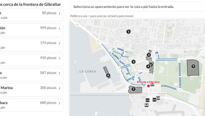 Vista del mapa interactivo con los siete aparcamientos identificados por Gibraltar en La Línea