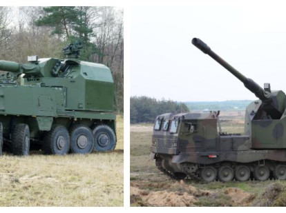 Dos modernos modelos de Santa Bárbara Sistemas: Piraña Advanced Artillery Carrier (AAC), a la izquierda; y Donar