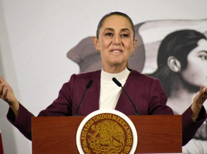 Mexico's President Claudia Sheinbaum Pardo speaks during a briefing about the mineral concessions recovered by the State at the National Palace in Mexico City, Mexico, on February 12, 2026. (Photo by Luis Barron/Eyepix Group/NurPhoto) (Photo by Eyepix / NurPhoto via AFP)