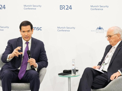 US Secretary of State Marco Rubio (L) speaks next to German diplomat and Munich Security Conference chairman Wolfgang Ischinger at the 62nd Munich Security Conference (MSC) on February 14, 2026 in Munich, southern Germany. (Photo by Alex Brandon / POOL / AFP)