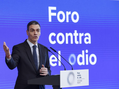 El presidente del Gobierno, Pedro Sánchez interviene en la inauguración de la primera Cumbre Internacional contra el Odio
